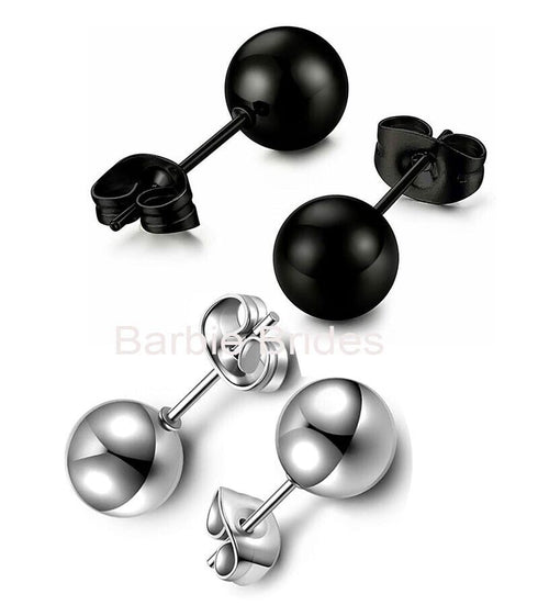 2 Pairs 316L Surgical-Steel Black & Silver Round Ball Men & Women Stud Earrings